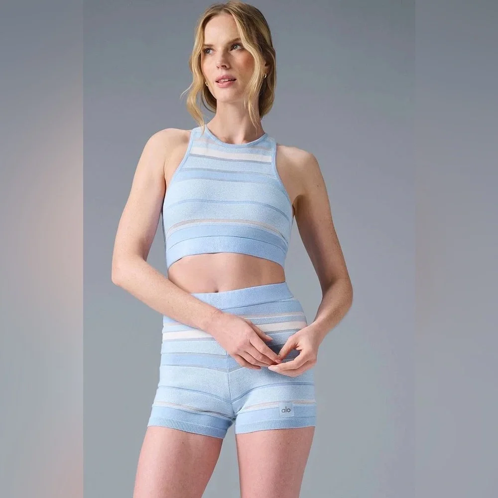 Alo Yoga Sport Play Knit Bra Seashell Blue Ivory High Neck Stretch Crop Top Med